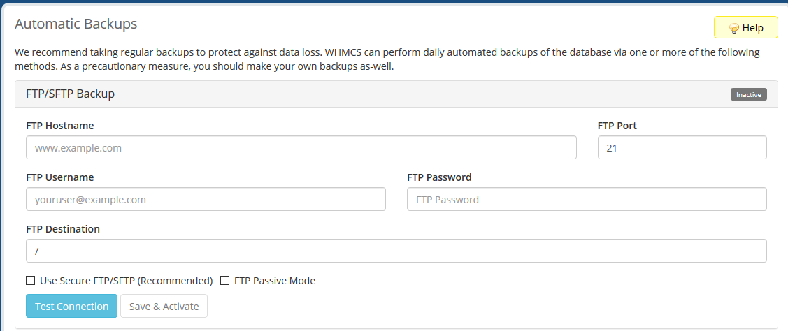 FTP Backups in WHMCS FTP Backups in WHMCS